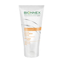 A tube of Bionnex Preventiva Tinted Sunscreen Cream with SPF 50+ protection, labeled as having 10 minutes wear time and being dermatologist tested.