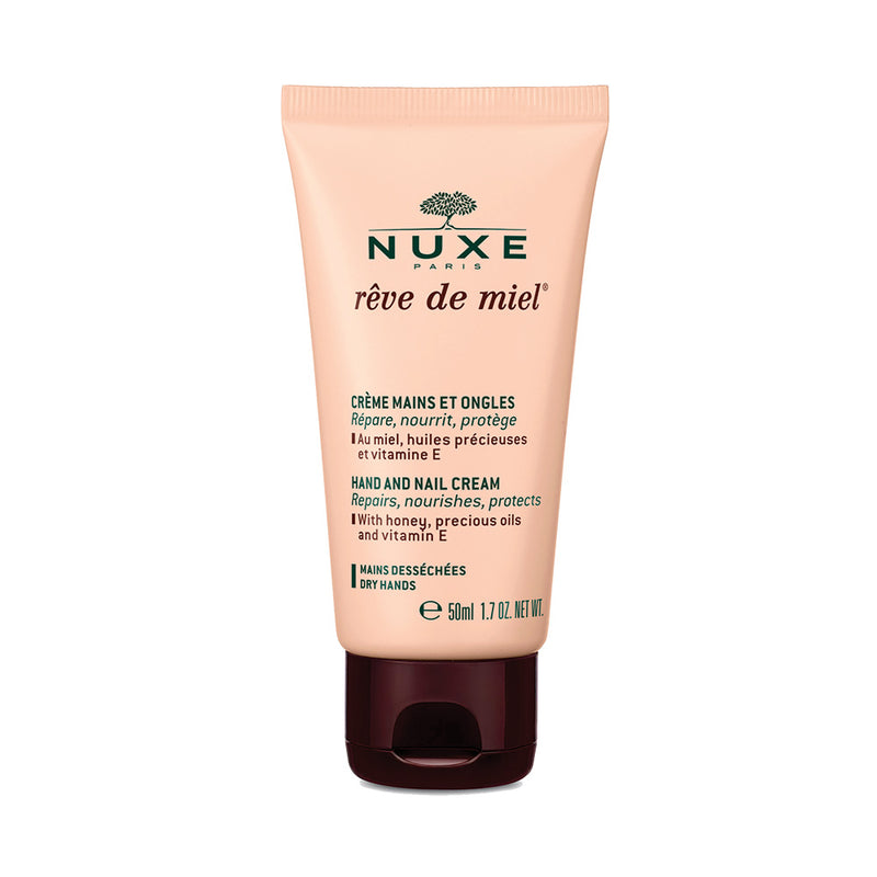 Nuxe Reve de Miel hand and nail cream tube on a white background
